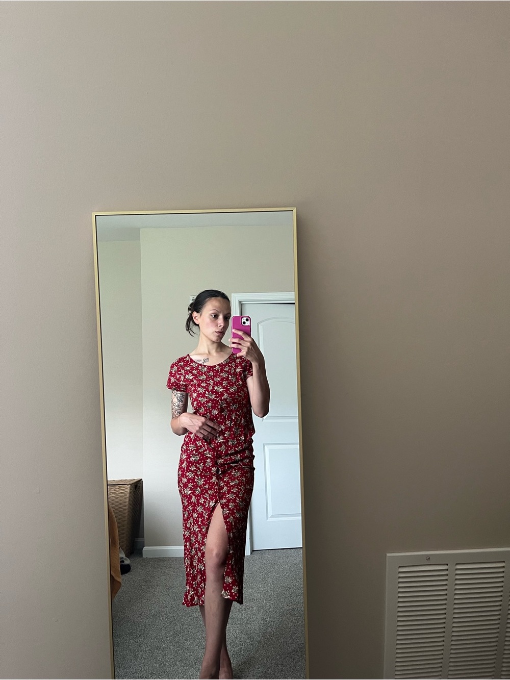 VTG 90s Susan Burrowes Red Floral Maxi Dress Partial Button-Up
